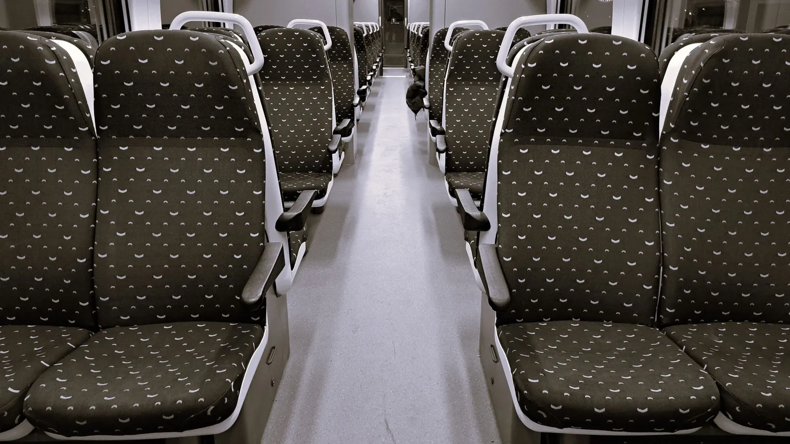 Interieur van een leeg treinrijtuig met rijen stoelen met motief en een gangpad in het midden