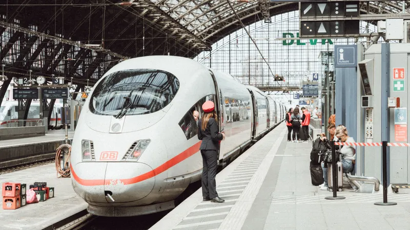 ICE high-speed train boarding at a German station platform, with a conductor and waiting passengers