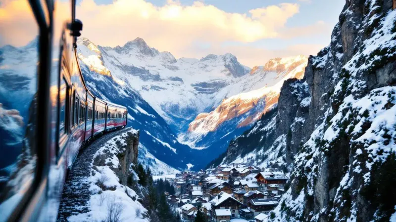 Red train crossing a stone viaduct in snowy Swiss mountains