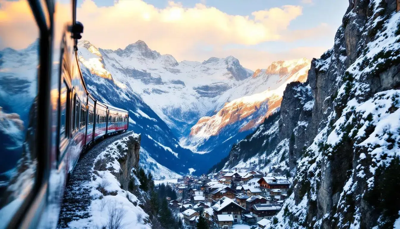 Rode trein over een stenen viaduct in de besneeuwde Zwitserse bergen