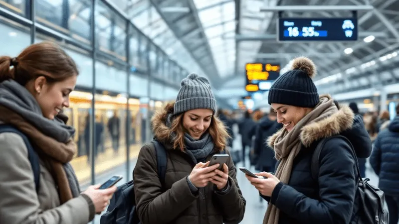Resenärer tittar på sina telefoner på en stationsperrong