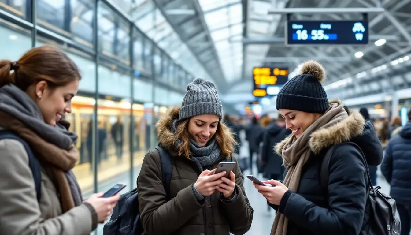 Reizigers die op een stationsperron hun telefoon bekijken