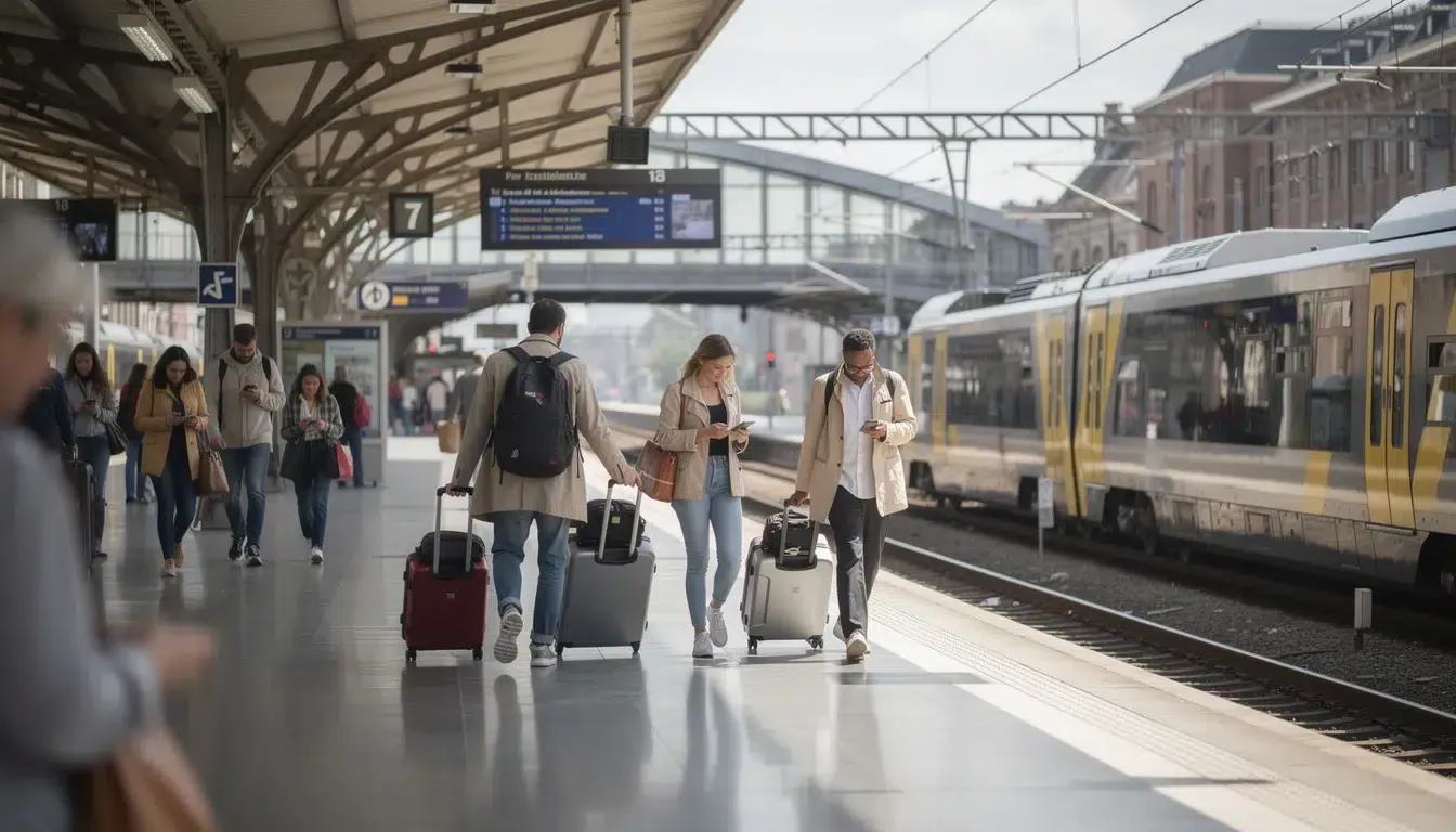 Passengers walking beside trains in a station concourse