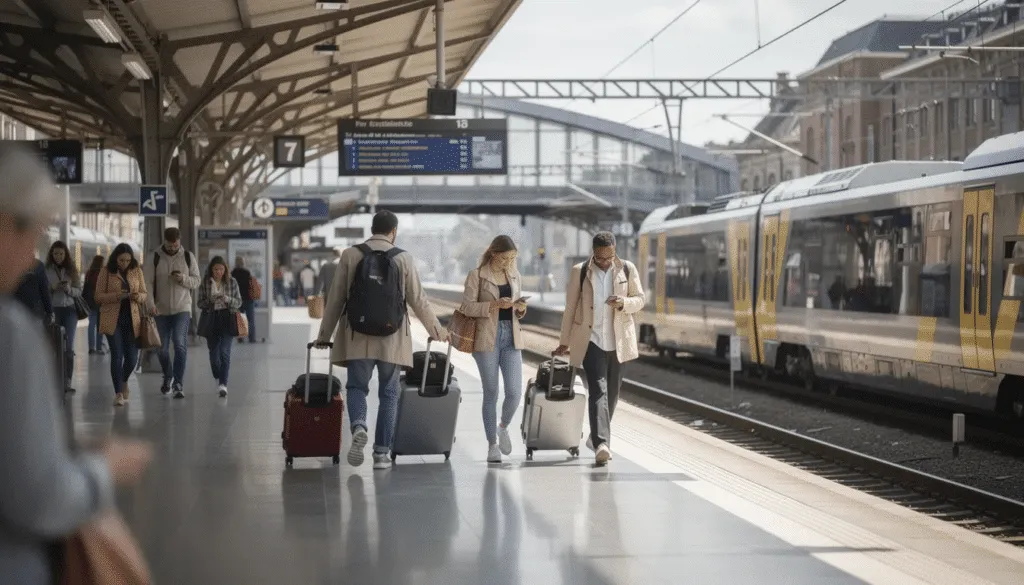Passagerare går bredvid tåg i en stationshall