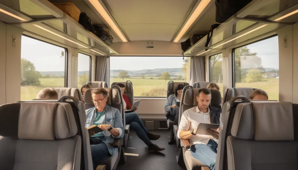 Passagers assis dans une voiture de train