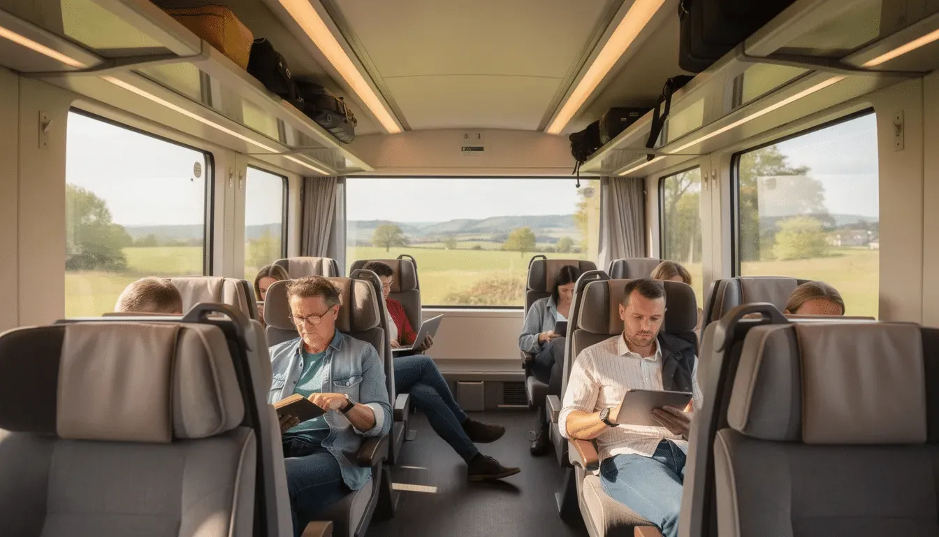 Passengers seated in a train carriage
