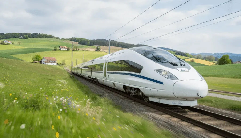 Treno bianco ad alta velocità nella campagna verde