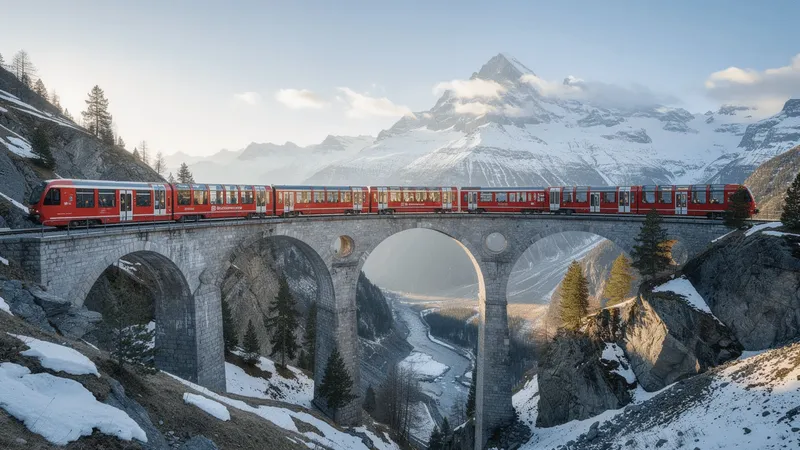 Red train crossing an alpine viaduct in snowy mountains