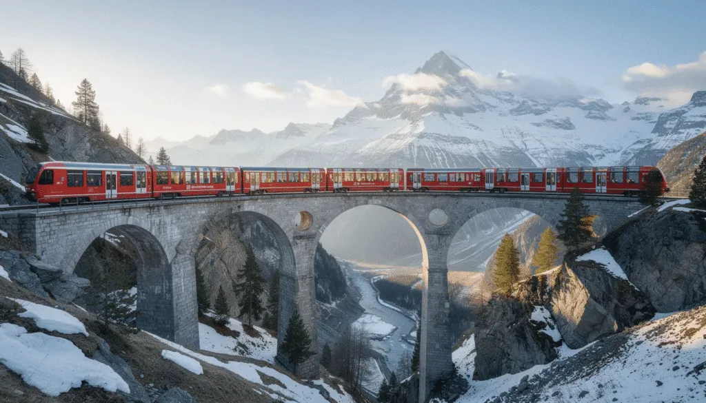 Treno rosso su un viadotto alpino tra montagne innevate