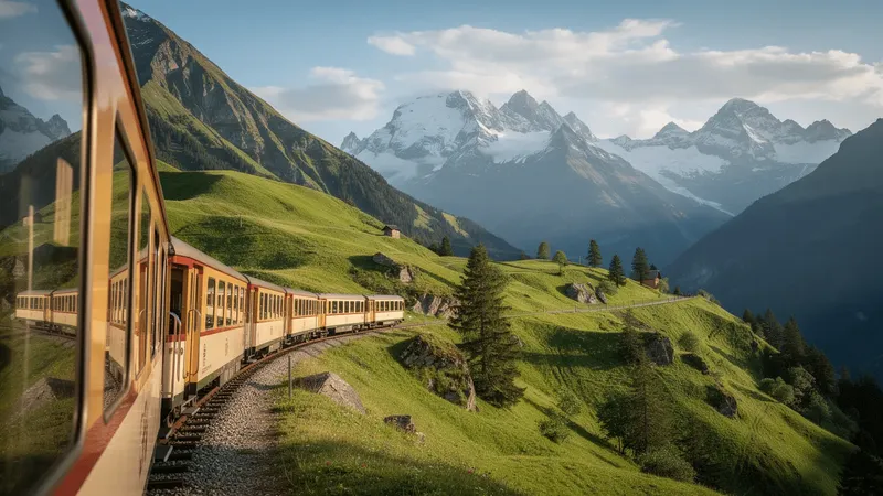 View from a train window over green alpine hills and mountains