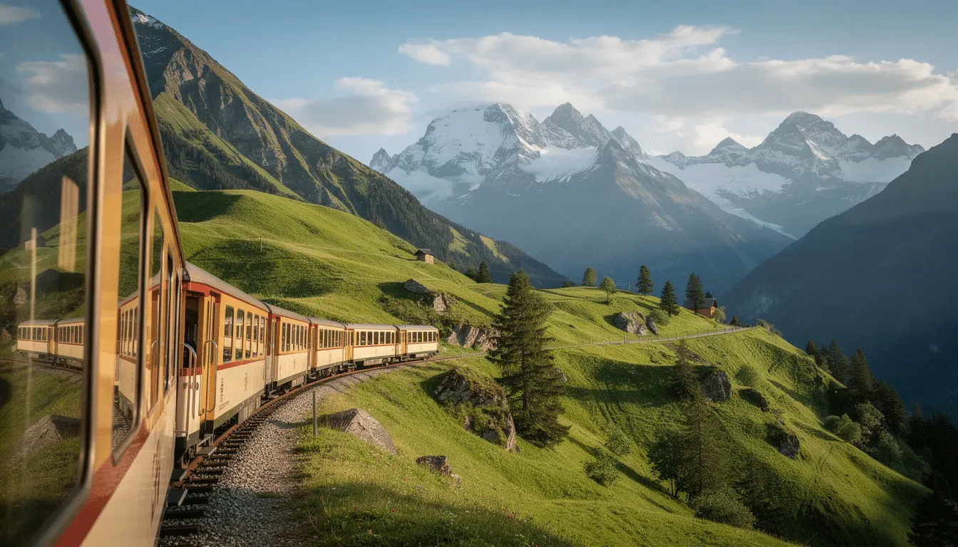 View from a train window over green alpine hills and mountains