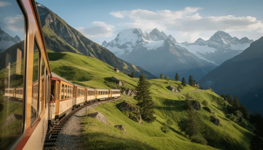 View from a train window over green alpine hills and mountains