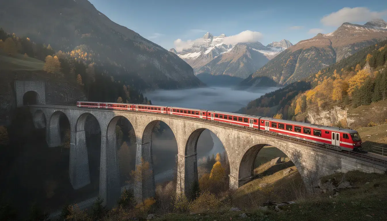 Rode trein die een bergviaduct in de Alpen oversteekt