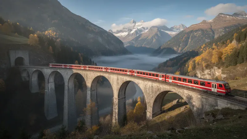Red train crossing a mountain viaduct in the Alps