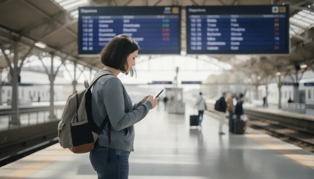 Viaggiatore che guarda un tabellone delle partenze in stazione