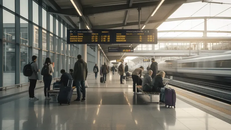 Pasajeros esperando junto a un tren en una estación moderna