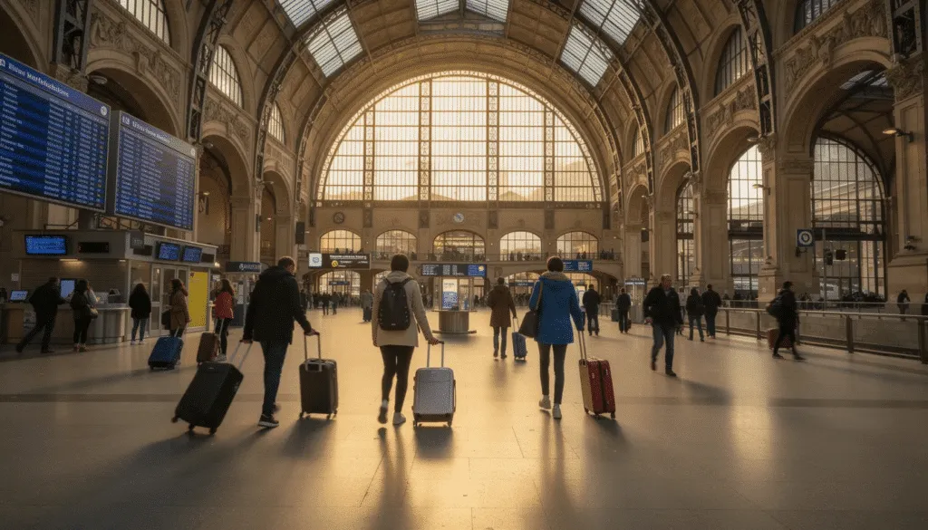 Reisende in einer großen europäischen Bahnhofshalle