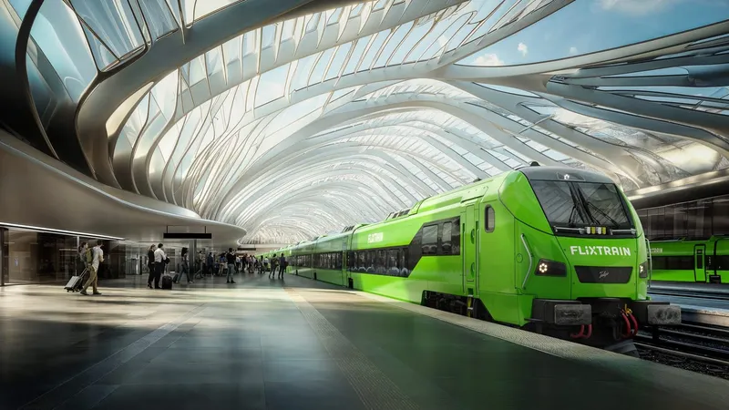 FlixTrain verde en una estación moderna