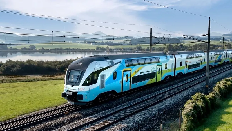 Tren WESTbahn azul y blanco sobre las vías