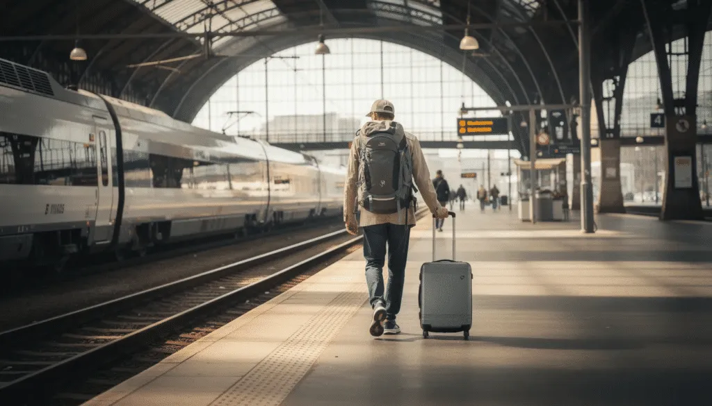 Resenär med resväska på en europeisk tågstation