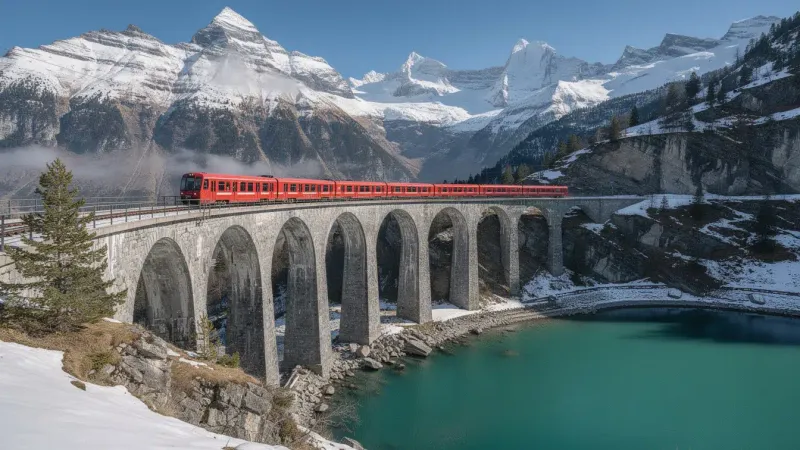 Treno rosso su un viadotto sopra un lago alpino