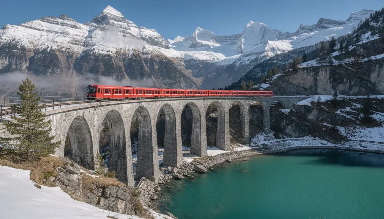 Treno rosso su un viadotto sopra un lago alpino