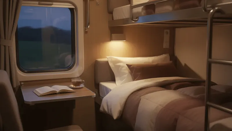 Sleeper compartment on a train with the bed made up