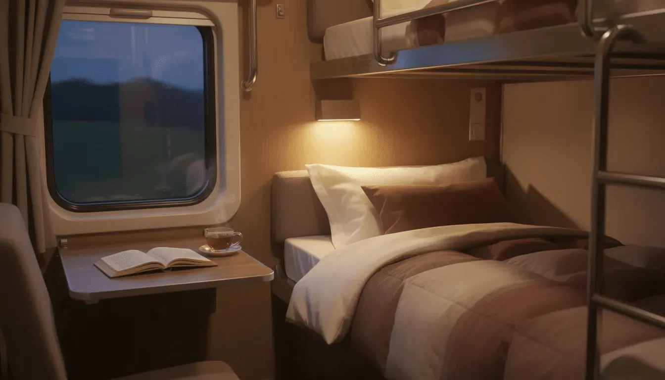 Slaapcompartiment in een trein met opgemaakt bed