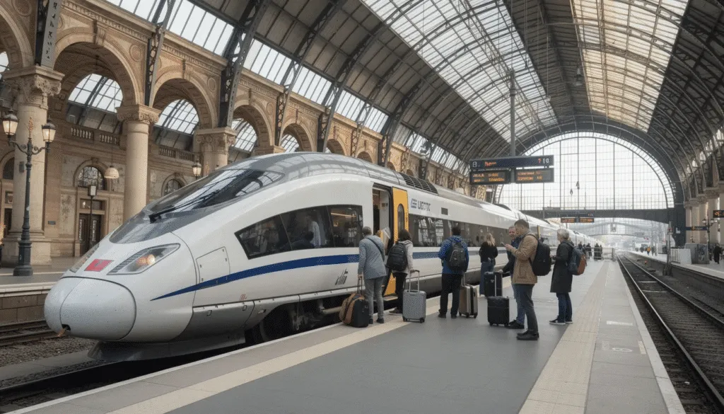 Einstieg in einen Hochgeschwindigkeitszug an einem historischen Bahnhof