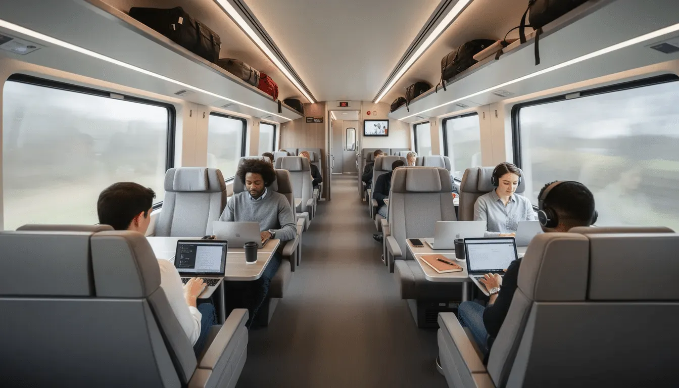Carrozza ferroviaria di prima classe con tavolini e passeggeri