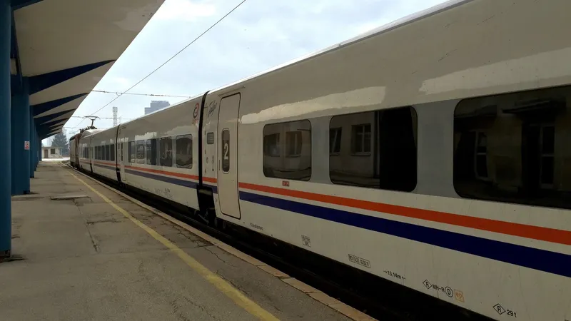 Een ŽFBH Talgo-treinstel wacht langs het perron van het hoofdstation van Sarajevo