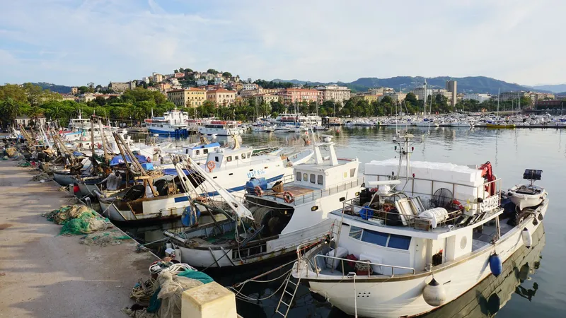 Vissersboten in de haven van La Spezia met de stad en heuvels op de achtergrond.
