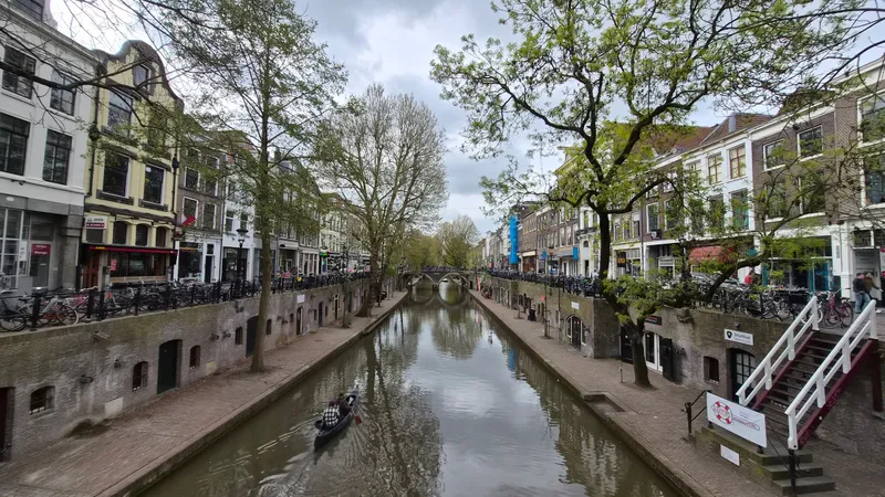 De Oudegracht in Utrecht met de werfkelders en bomen langs de oevers