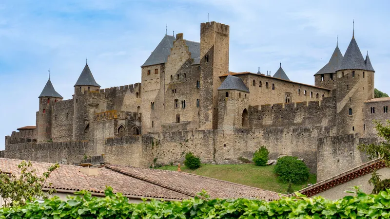 De middeleeuwse citadel van Carcassonne met stenen vestingmuren bij daglicht.