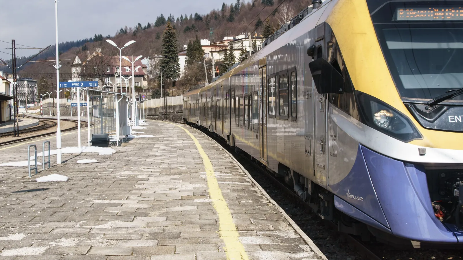 Een regionale trein komt aan op een perron in Krynica-Zdrój, Polen, omringd door beboste heuvels