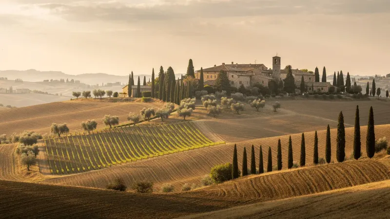 Campagne toscane avec villa et cyprès