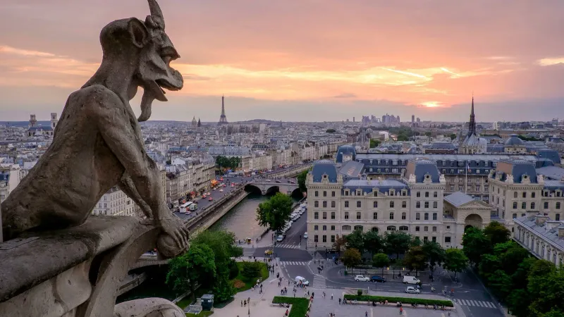 Silhouette de Paris vue depuis une gargouille sur un toit au coucher du soleil