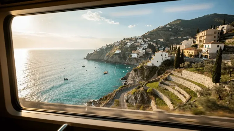 Ville côtière et mer vues depuis la fenêtre d'un train