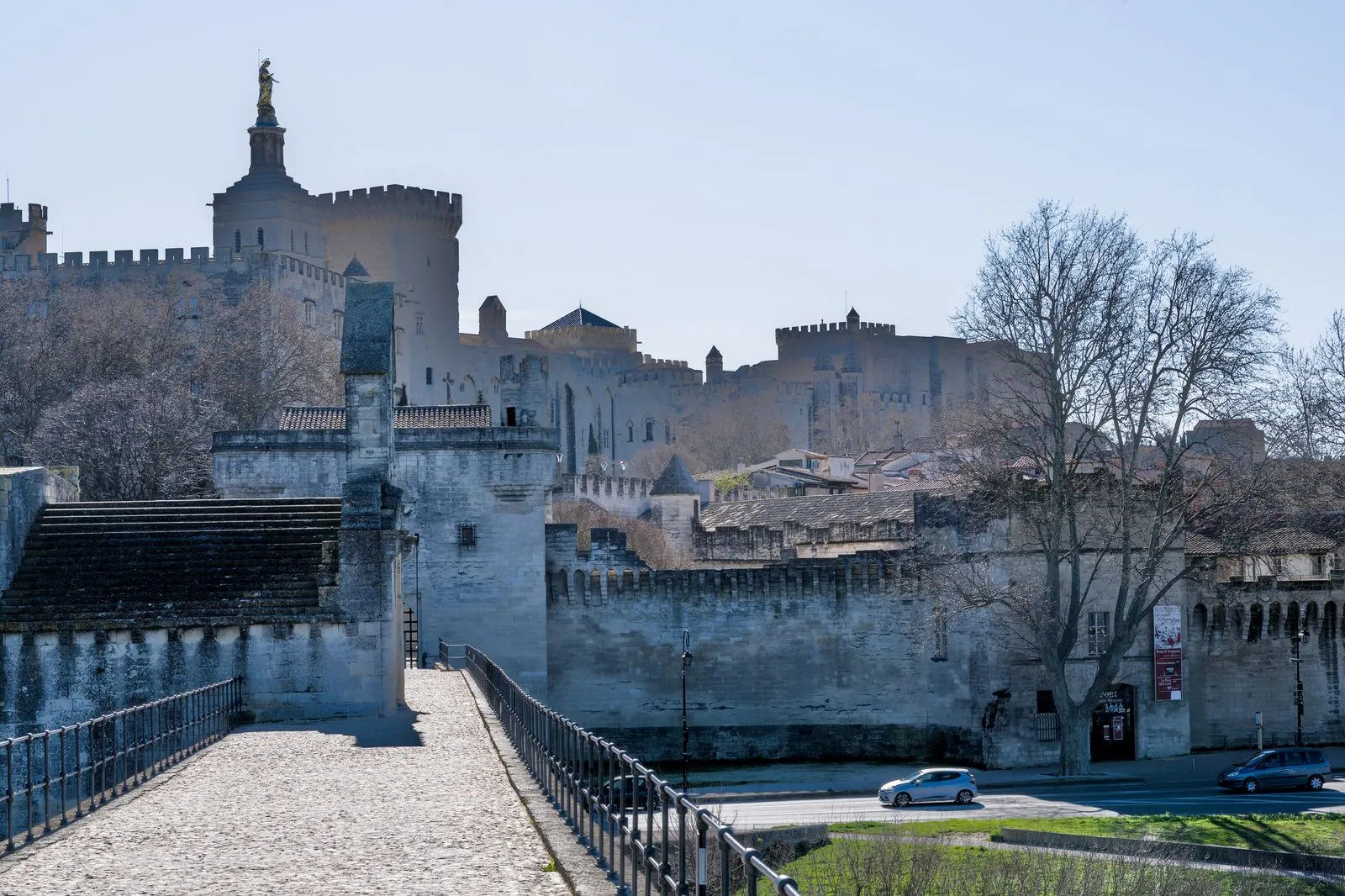 Fortificaciones históricas de Aviñón y Palais des Papes vistos desde Pont Saint-Bénézet.