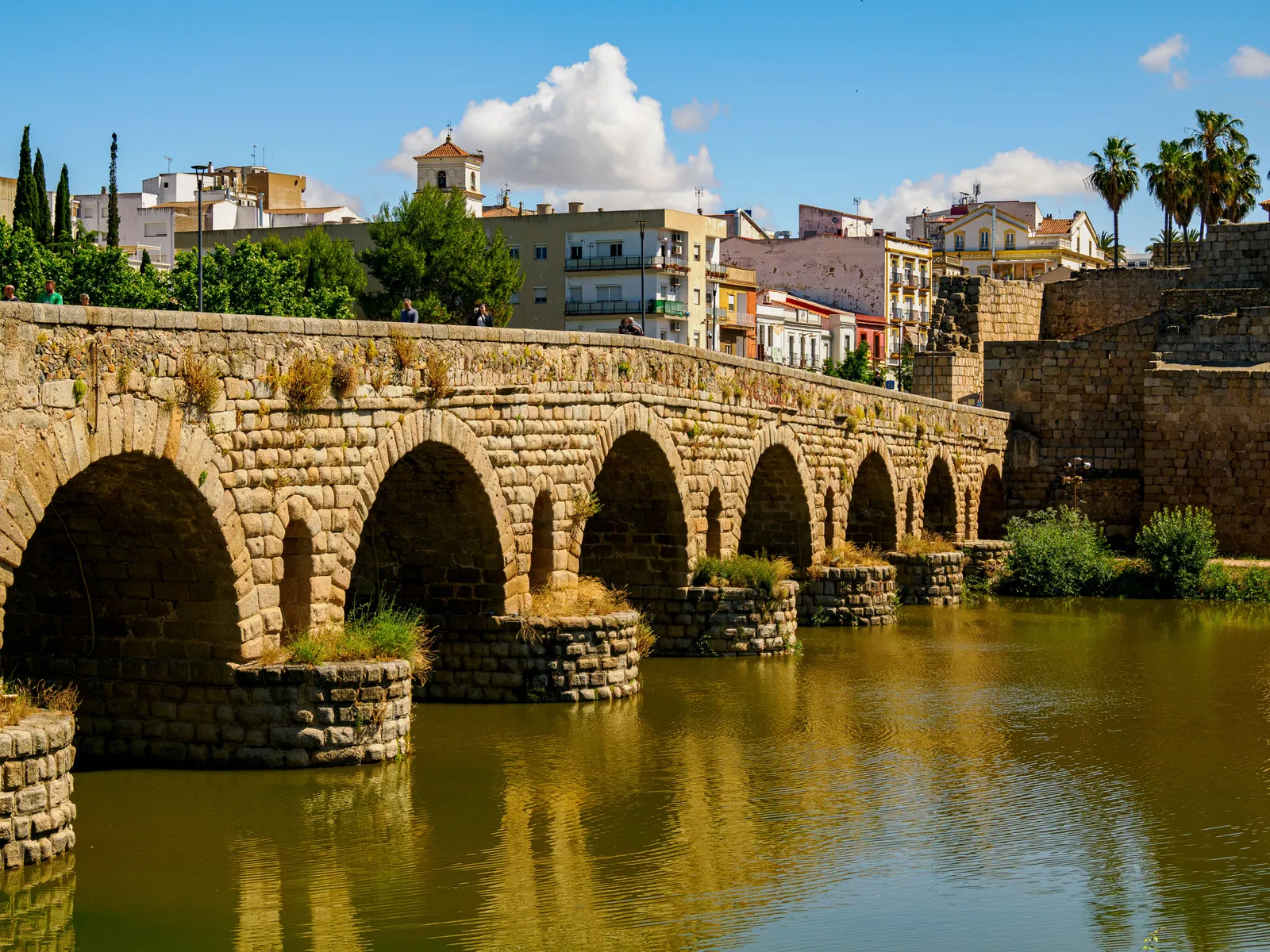 Arches of the Roman Bridge over the Guadiana in Mérida, with the town's houses behind