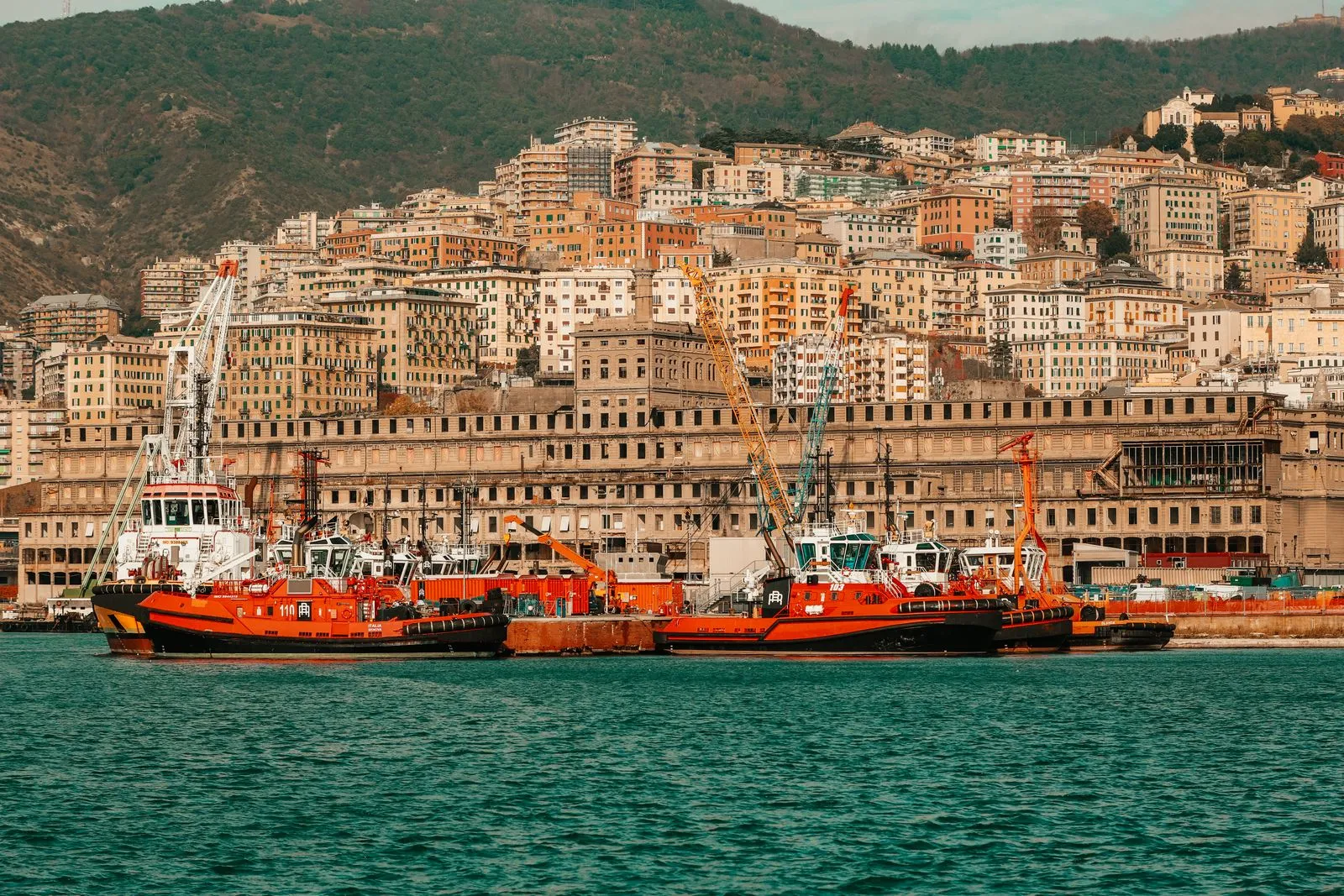 Puerto de Génova con barcas de trabajo y la ciudad en la ladera al fondo.