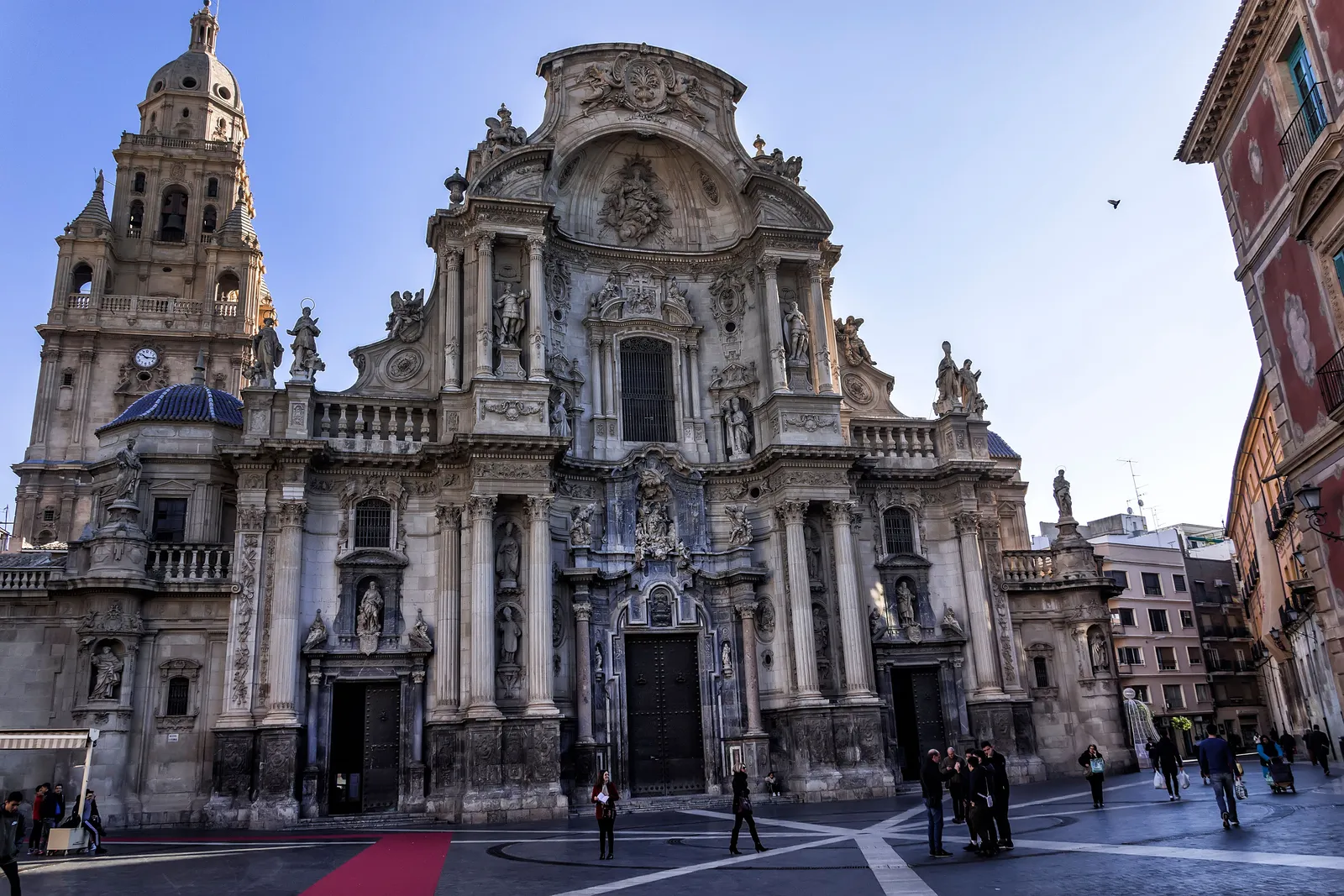 Baroque façade and bell tower of Murcia Cathedral on the Plaza del Cardenal Belluga