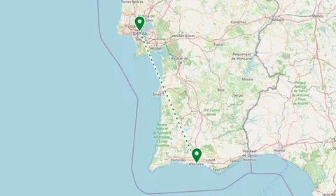Kaart met de route van Albufeira naar Lissabon