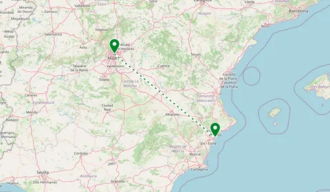 Kaart met de route van Alicante naar Madrid