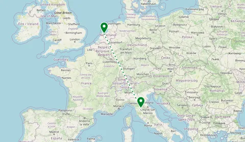 Kaart met de route van Amsterdam naar Florence