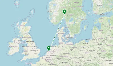 Kaart met de route van Amsterdam naar Oslo