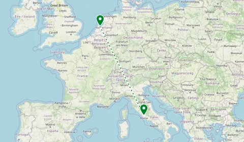 Kaart met de route van Amsterdam naar Rome
