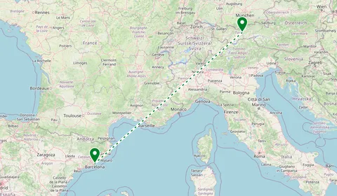 Kaart met de route van Barcelona naar Innsbruck