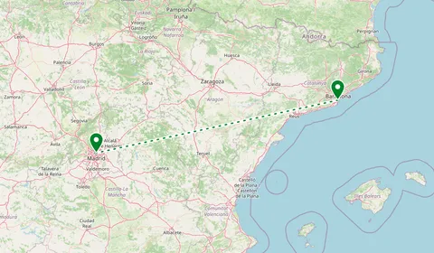 Kaart met de route van Barcelona naar Madrid