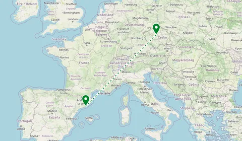 Kaart met de route van Barcelona naar Praag
